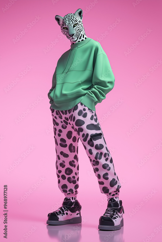 An illustrated portrait of a leopard standing and posing in a sweater with a leopard print pattern, rendered in soft pastel shades of pink and green. Abstract half animal half man. Generative AI. An illustrated portrait of a leopard standing and posing in a sweater with a leopard print pattern, rendered in soft pastel shades of pink and green. Abstract half animal half man. Generative AI.