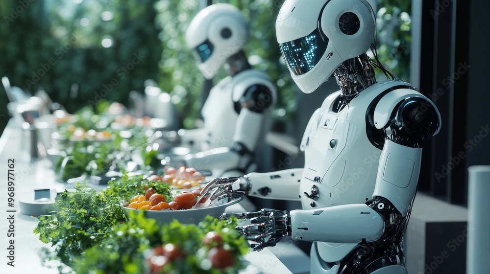 Autonomous AI-driven robotic chefs preparing meals in smart kitchens: Futuristic kitchens where robots autonomously cook meals based on AI recipe suggestions. Autonomous AI-driven robotic chefs preparing meals in smart kitchens: Futuristic kitchens where robots autonomously cook meals based on AI recipe suggestions.