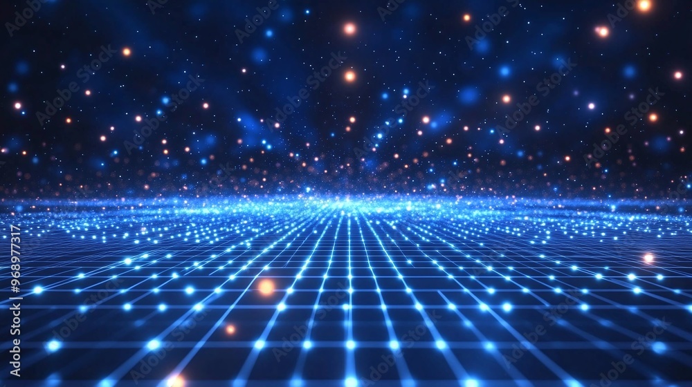 A captivating digital landscape featuring glowing blue dots and a grid pattern, creating a mesmerizing futuristic starry effect.