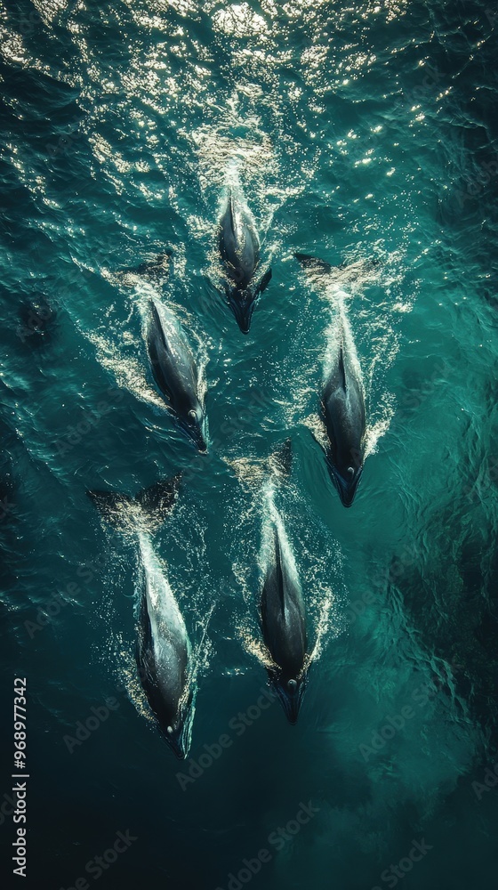 Fototapeta premium An aerial view of a pod of dolphins swimming gracefully in the clear blue ocean, creating a mesmerizing pattern as they glide through the water.