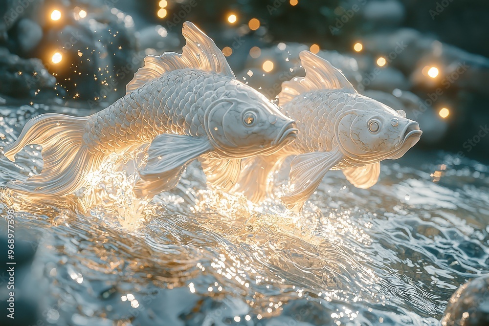 Fototapeta premium Vibrant white koi fish swimming in water with bokeh lights
