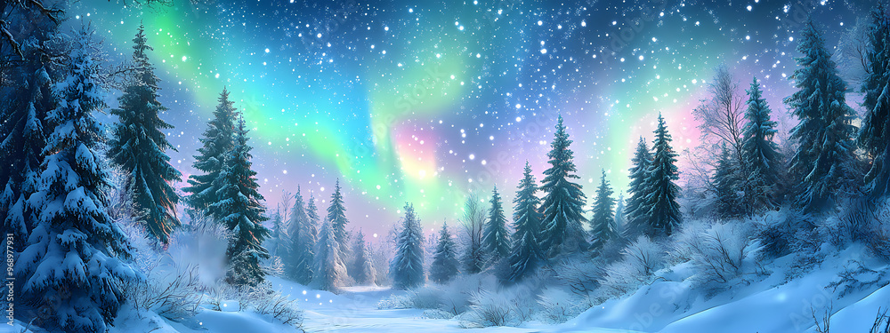 Snowy Forest with Bright Aurora