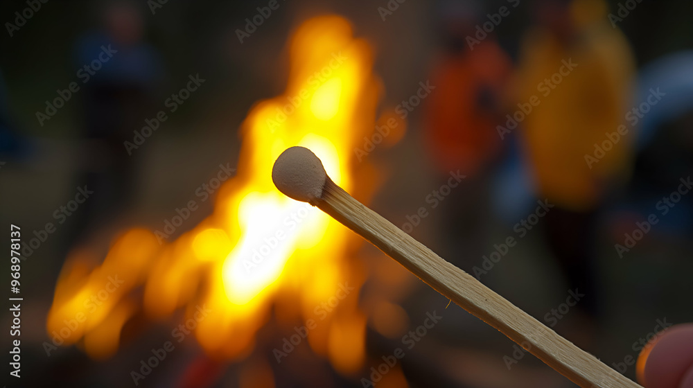 A close-up of a matchstick held in hand, with a large campfire burning in the background. The flames create a warm, glowing ambiance, while blurred figures of people are visible near the fire. A close-up of a matchstick held in hand, with a large campfire burning in the background. The flames create a warm, glowing ambiance, while blurred figures of people are visible near the fire.