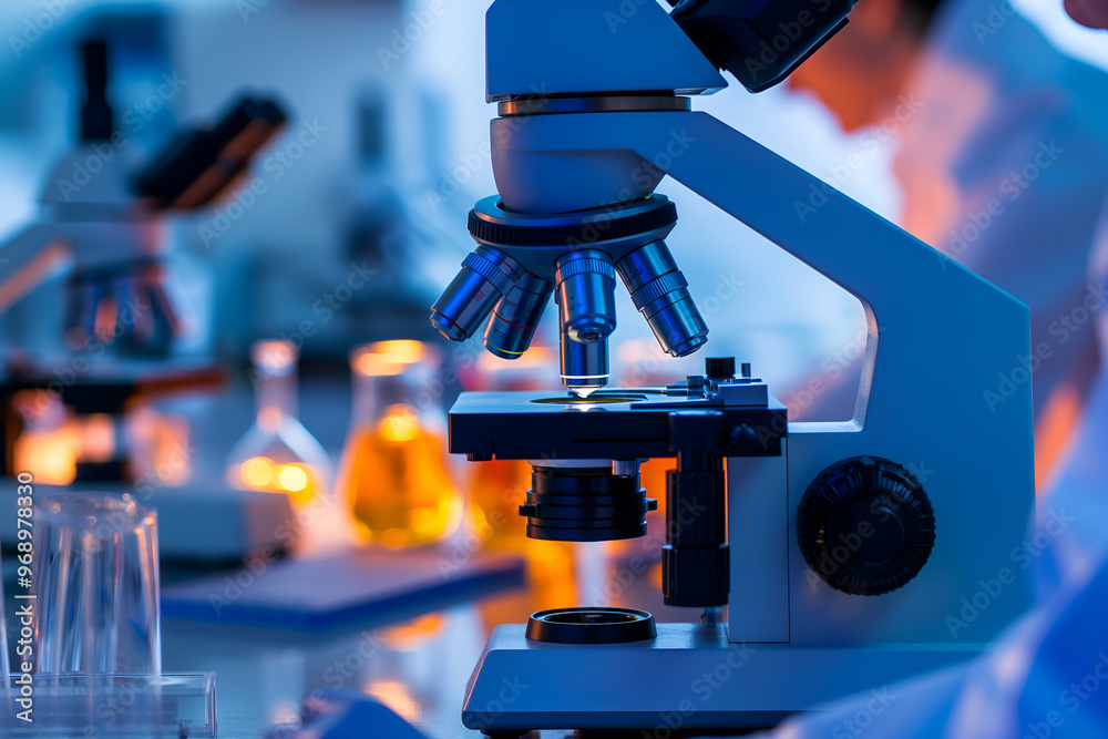 A close-up of a laboratory microscope with multiple lenses, set against a blurred background of lab equipment and glowing liquids in flasks. The scene is illuminated with blue and warm light. A close-up of a laboratory microscope with multiple lenses, set against a blurred background of lab equipment and glowing liquids in flasks. The scene is illuminated with blue and warm light.