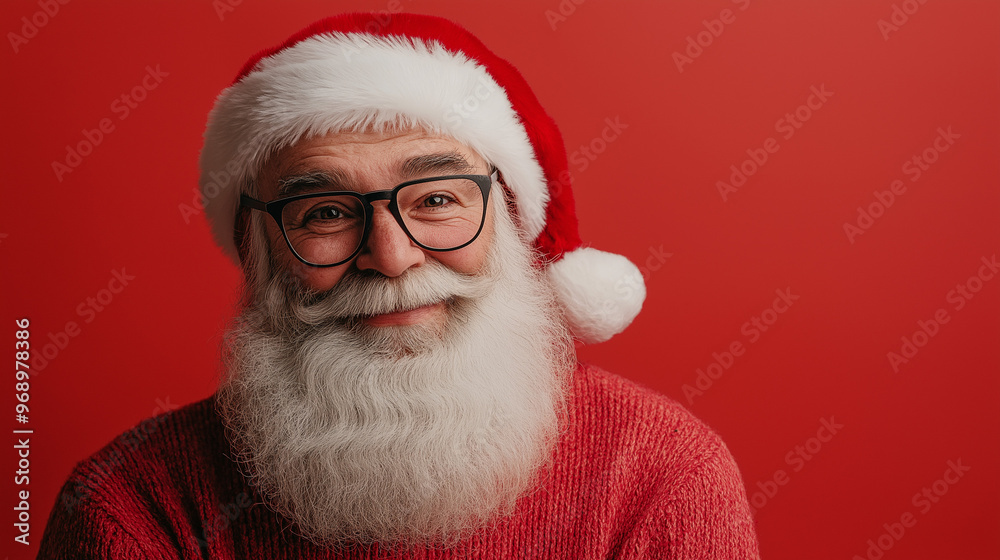 A cheerful Santa Claus with glasses and a warm smile, set against a solid red background. A blend of traditional and modern, perfect for holiday greetings, festive designs, and cheerful digital illust A cheerful Santa Claus with glasses and a warm smile, set against a solid red background. A blend of traditional and modern, perfect for holiday greetings, festive designs, and cheerful digital illust