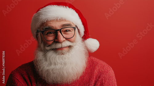 A cheerful Santa Claus with glasses and a warm smile, set against a solid red background. A blend of traditional and modern, perfect for holiday greetings, festive designs, and cheerful digital illust