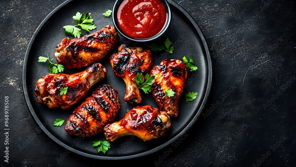 Close-up of a plate of BBQ chicken wings with sauce. Close-up of a plate of BBQ chicken wings with sauce.