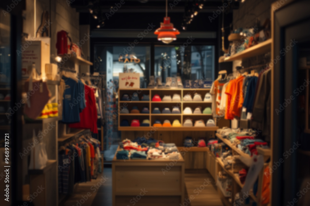 Blurred background of a kid's clothing store, showcasing shelves and displays of children's apparel in a retail setting. Blurred background of a kid's clothing store, showcasing shelves and displays of children's apparel in a retail setting.