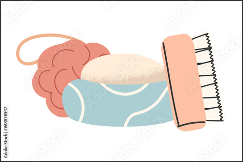 Hand drawn Bathroom Accessories. Loofah, soap bar, body brush. Eco product bath, body skin care. Transparent background