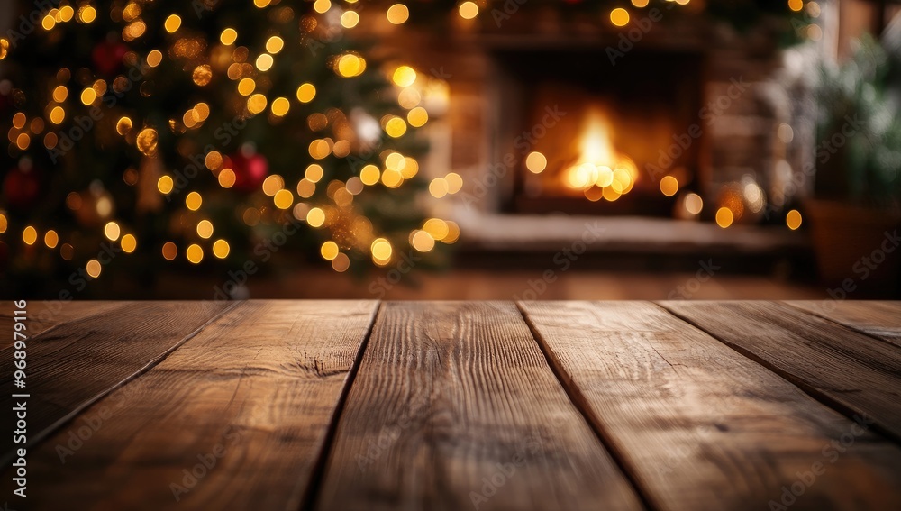 Empty Wooden Table Top with Blurred Cozy Home Interior, Fireplace, and Decorated Christmas Tree for Festive Product Display