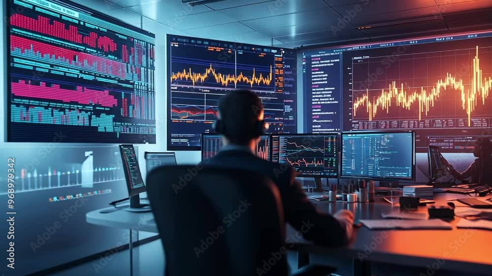 traders in the office, analytics on big screens traders in the office, analytics on big screens