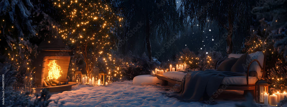 Obraz premium Winter Night with Fireplace and Lights