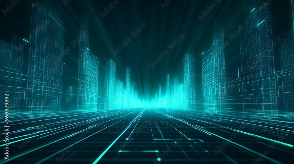 A futuristic cityscape with glowing lines and digital elements, representing advanced technology and innovation in a virtual space. A futuristic cityscape with glowing lines and digital elements, representing advanced technology and innovation in a virtual space.