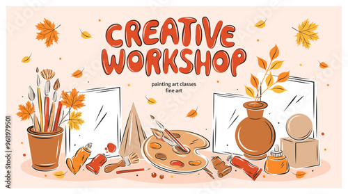 Creative workshop. Workplace, drawing on canvas, artistic stuff with autumn leaves. Poster design for painting education. Painters stationery. Vector illustration