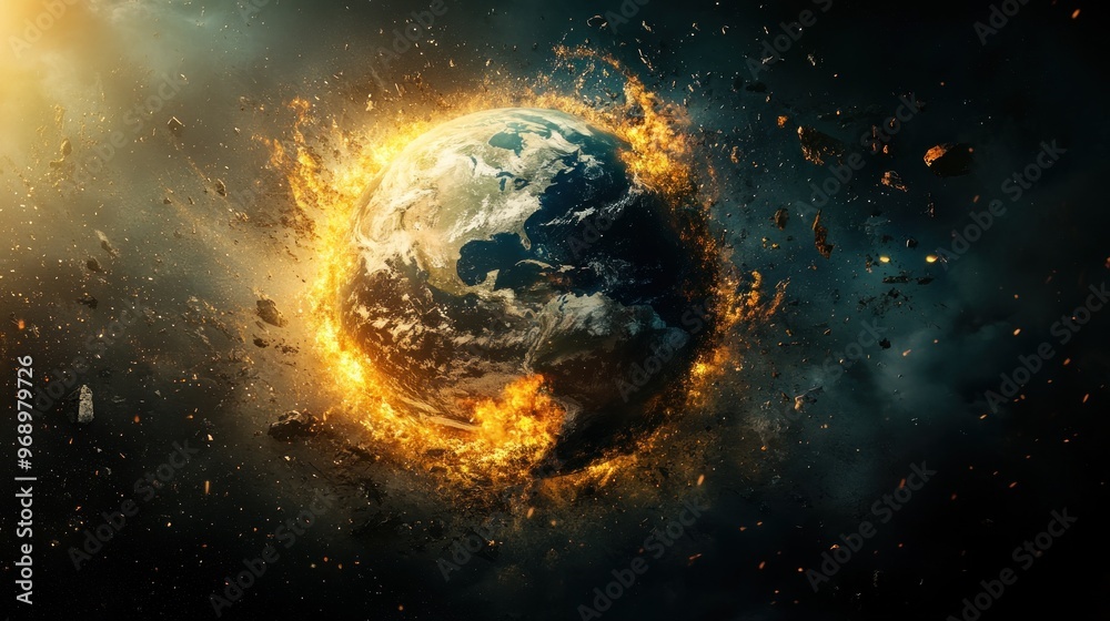 Earth engulfed in flames and debris, apocalyptic scene Earth engulfed in flames and debris, apocalyptic scene
