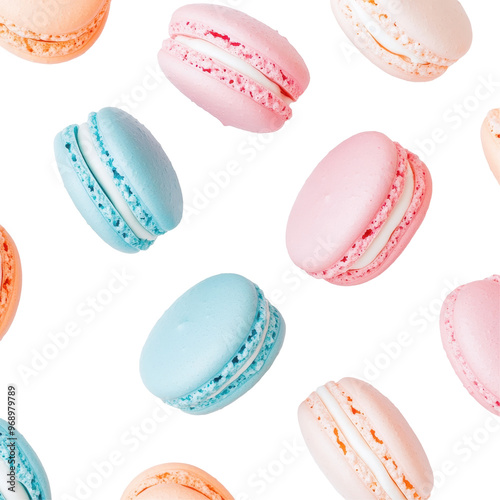 Colorful pastel macarons arranged elegantly on a white surface, showcasing delightful shades of pink, blue, and orange, perfect for a dessert-themed display.