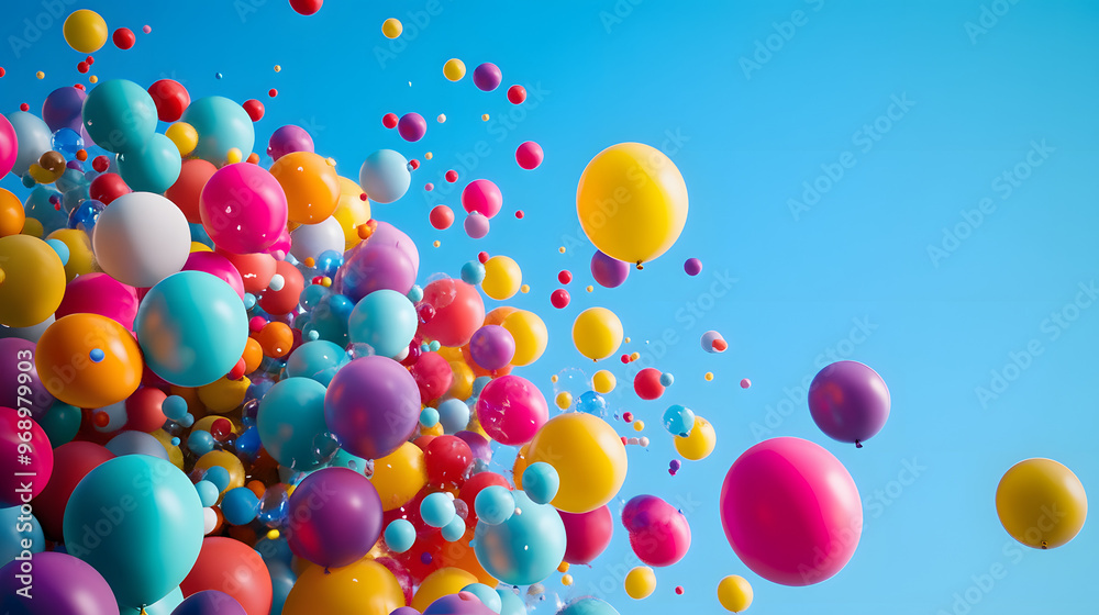 A vibrant array of colorful balloons floating against a clear blue sky. A vibrant array of colorful balloons floating against a clear blue sky.