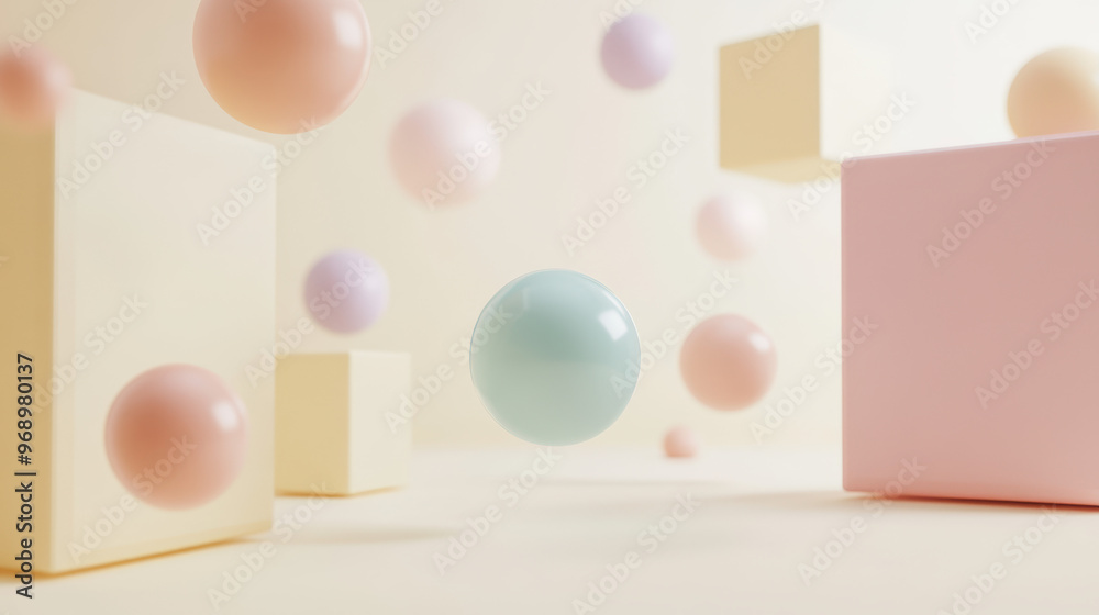 Abstract minimalistic compositions with soft shapes: smooth spheres and rounded elements on pastel backgrounds Abstract minimalistic compositions with soft shapes: smooth spheres and rounded elements on pastel backgrounds