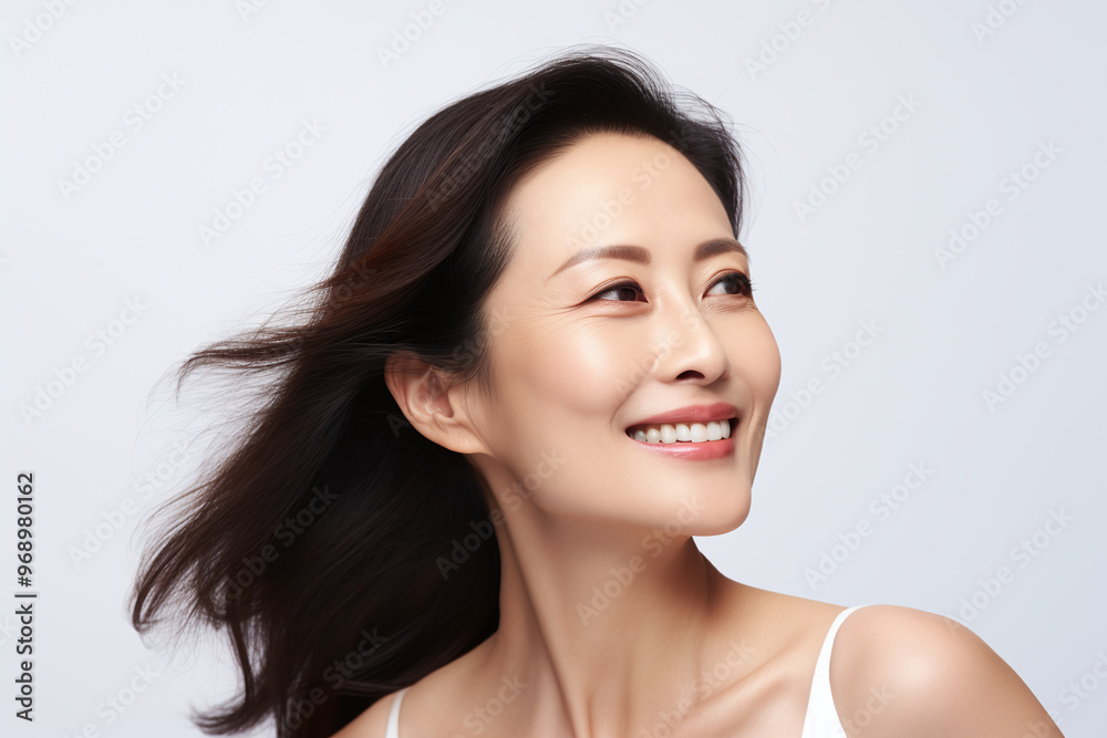 Asian woman face with smooth healthy neckline skin. Korean, Chinese or Japanese Beautiful aging 30-40 years old, young looking smiling woman, beauty health skincare and cosmetics advertising concept Asian woman face with smooth healthy neckline skin. Korean, Chinese or Japanese Beautiful aging 30-40 years old, young looking smiling woman, beauty health skincare and cosmetics advertising concept