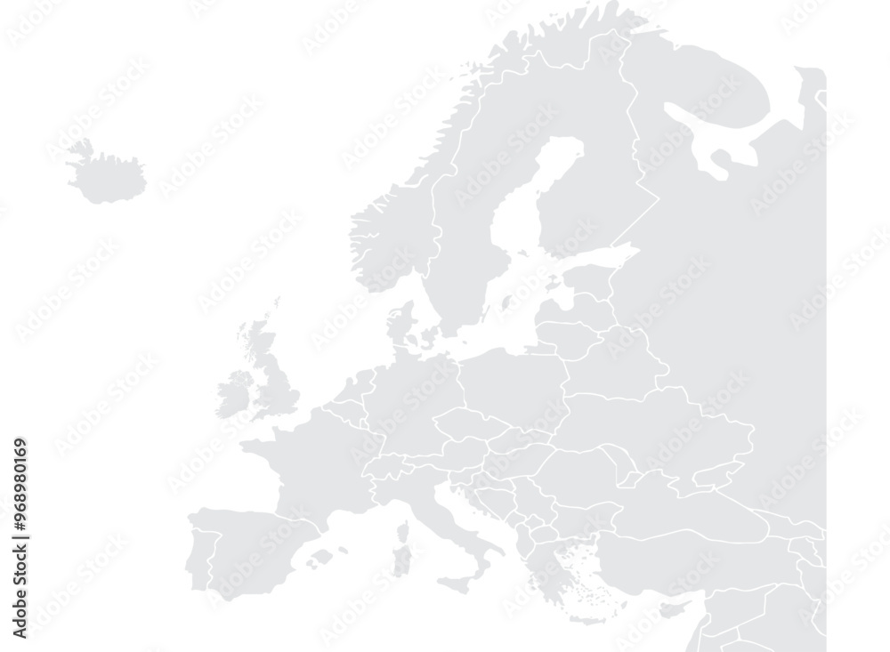 Obraz premium Illustration of a Colored map of Europe.Europe map on white background. Europe template with continents, North and South America, Europe and Asia, Africa and Australia.Grey blank Europe map.