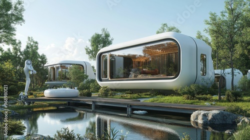 Autonomous AI-driven robots building sustainable modular homes: Robots constructing eco-friendly homes in a futuristic housing project, managed by AI.