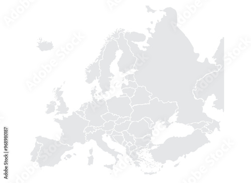 Illustration of a Colored map of Europe.Europe map on white background. Europe template with continents, North and South America, Europe and Asia, Africa and Australia.Grey blank Europe map.