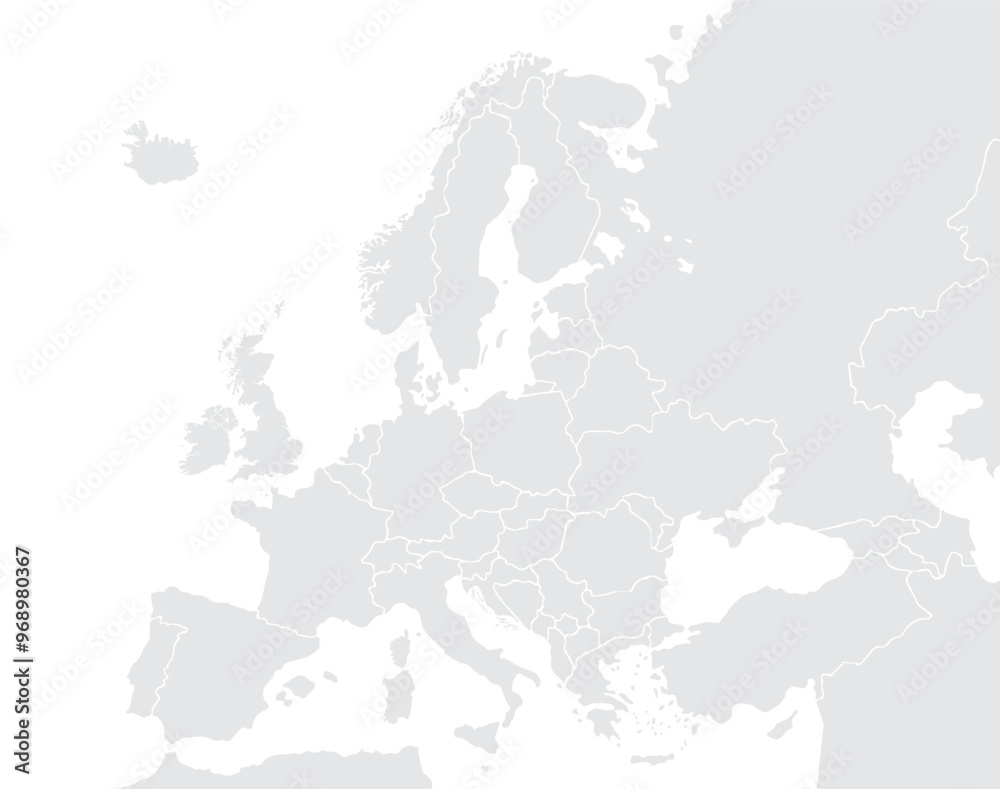 Obraz premium Illustration of a Colored map of Europe.Europe map on white background. Europe template with continents, North and South America, Europe and Asia, Africa and Australia.Grey blank Europe map.