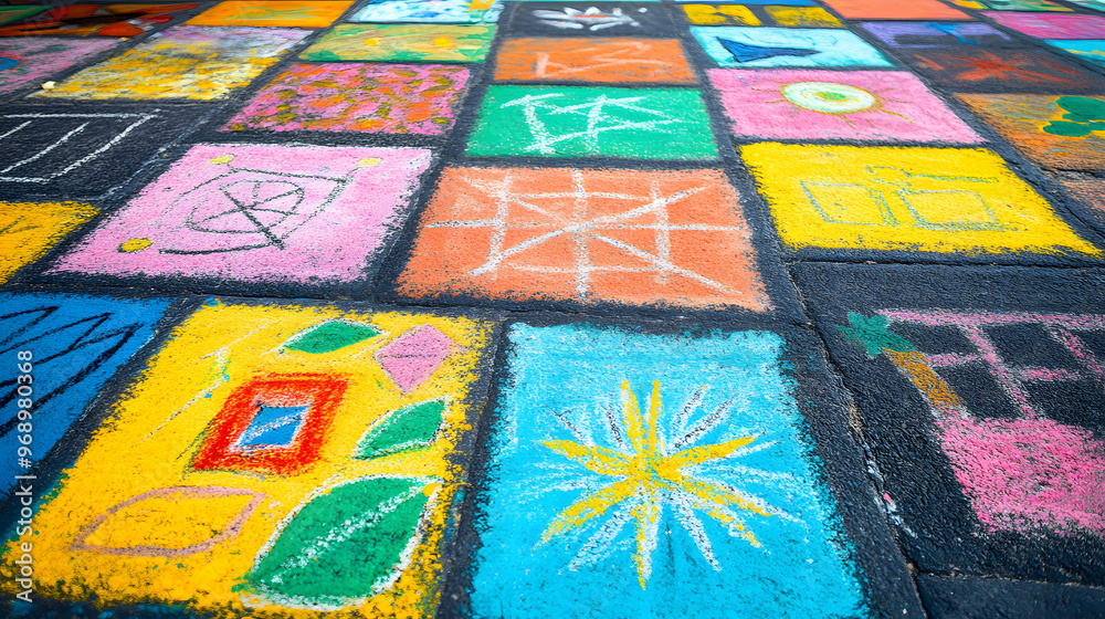 A vibrant chalk drawing on a sidewalk filled with colorful designs. A vibrant chalk drawing on a sidewalk filled with colorful designs.