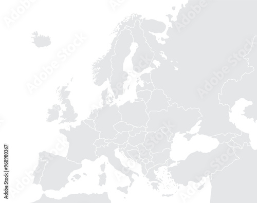 Illustration of a Colored map of Europe.Europe map on white background. Europe template with continents, North and South America, Europe and Asia, Africa and Australia.Grey blank Europe map.