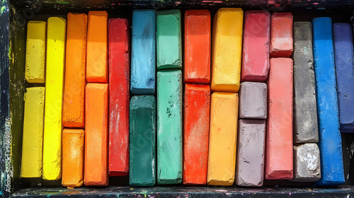 A vibrant collection of colored chalk pieces arranged in a box. photo