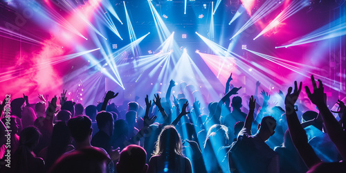 People dance in club spotlight laser lights with hands up in cinematic photography style. People crowd dancing at techno, rave or electronic music club