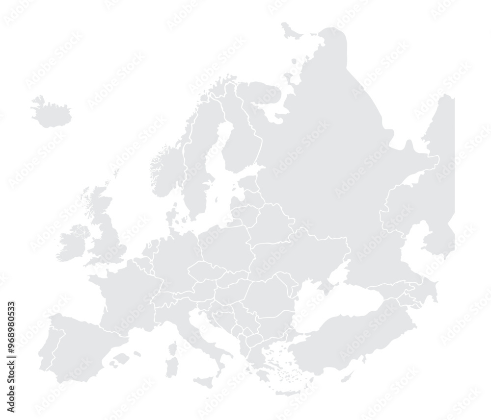 Illustration of a Colored map of Europe.Europe map on white background. Europe template with continents, North and South America, Europe and Asia, Africa and Australia.Grey blank Europe map. Illustration of a Colored map of Europe.Europe map on white background. Europe template with continents, North and South America, Europe and Asia, Africa and Australia.Grey blank Europe map.