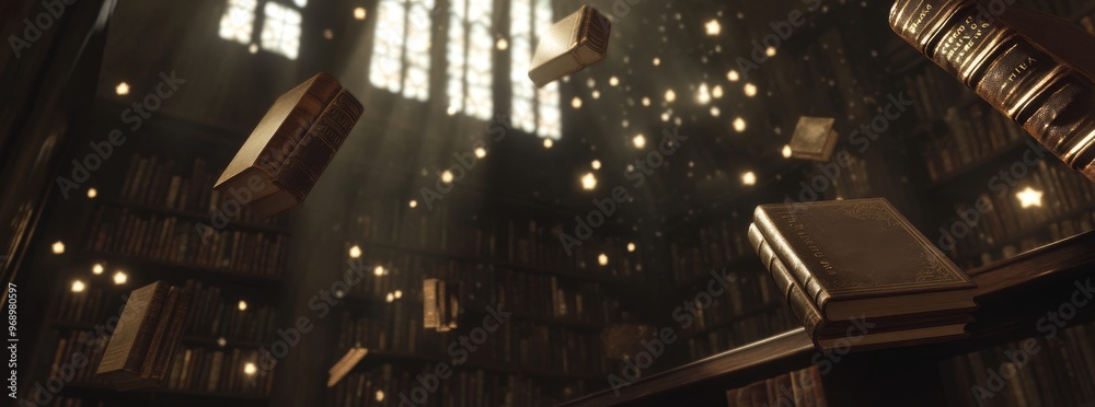 With twinkling stars circling the library, books float in the air. With twinkling stars circling the library, books float in the air.