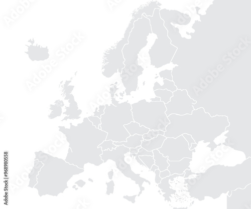 Illustration of a Colored map of Europe.Europe map on white background. Europe template with continents, North and South America, Europe and Asia, Africa and Australia.Grey blank Europe map.