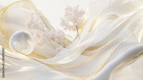 Landscape with a marble background and white trees and golden leaves.