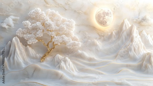 Stunning 3D wallpaper featuring golden leaves on top of a marble background.