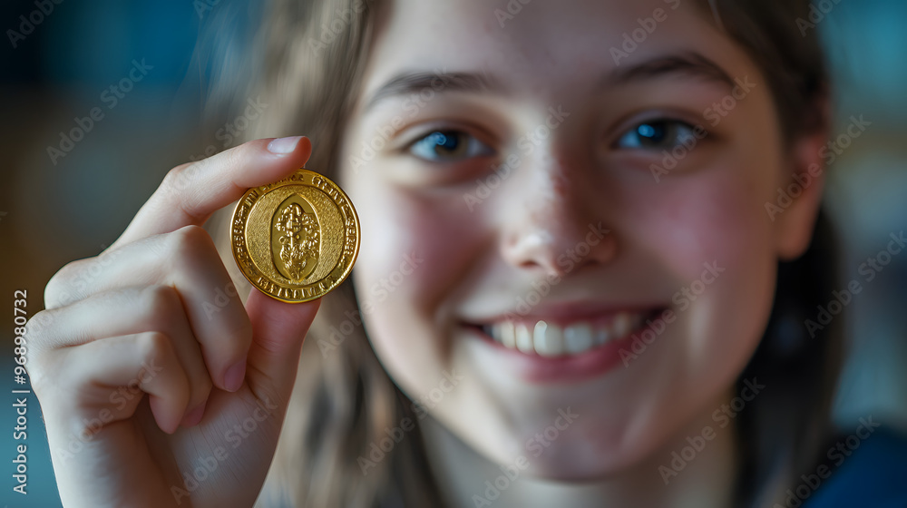 A student proudly displaying a gold medal after winning a science competition. A student proudly displaying a gold medal after winning a science competition.