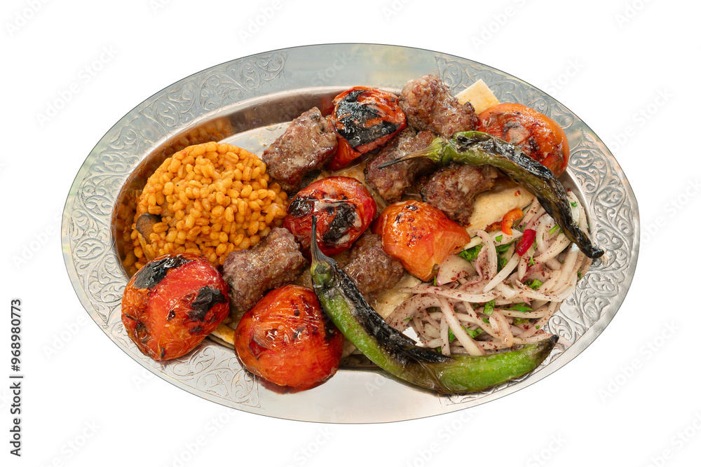 Top view traditional turkish meat and food service ,isolated on white background