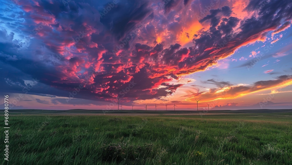 Beautiful sunset over wind turbines on the grassland, with colorful clouds in the sky. Energy sustainable, showcasing nature's beauty and technology working together to generate sustainable power. Beautiful sunset over wind turbines on the grassland, with colorful clouds in the sky. Energy sustainable, showcasing nature's beauty and technology working together to generate sustainable power.