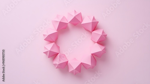 Group of pink tetrahedrons arranged in a circular pattern on a light pink surface photo