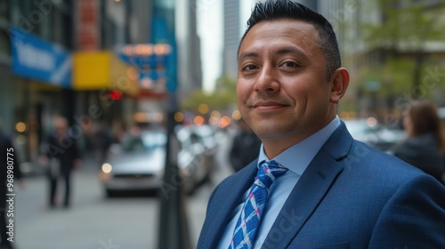 A man in a blue suit and patterned tie smiles in a city setting. photo