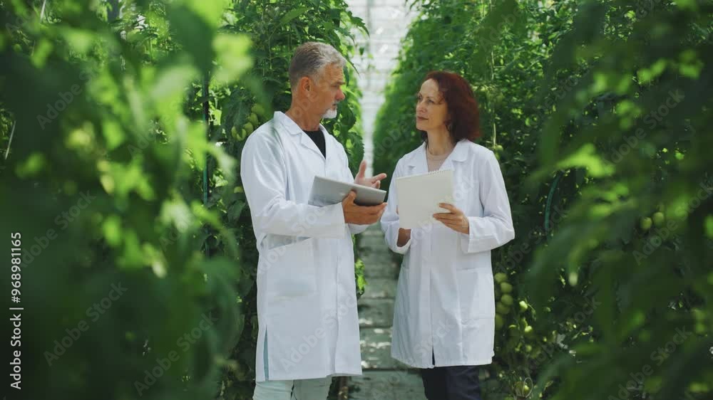 Biologists, scientists discuss the growth of tomatoes, vegetables in greenhouse, ways to increase the yield of tomatoes in greenhouse. Science in agriculture. Scientific research, new variety tomatoes Biologists, scientists discuss the growth of tomatoes, vegetables in greenhouse, ways to increase the yield of tomatoes in greenhouse. Science in agriculture. Scientific research, new variety tomatoes