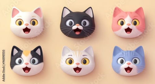 Colorful Cartoon Cats with Playful Expressions in a Fun Lineup