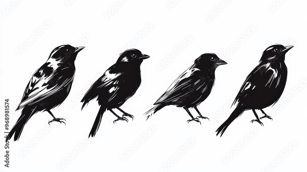 Trendy set of black silhouettes of birds on a white background, made with ink, rough brushstrokes. Generative AI Trendy set of black silhouettes of birds on a white background, made with ink, rough brushstrokes. Generative AI