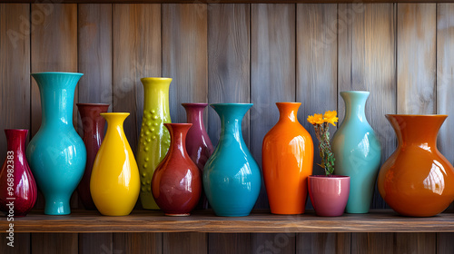 A vibrant collection of colorful vases on a wooden shelf. photo