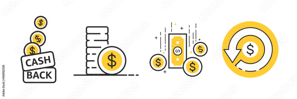 Cashback flat icon set. Thin line editable stroke vector illustration. Cashback flat icon set. Thin line editable stroke vector illustration.