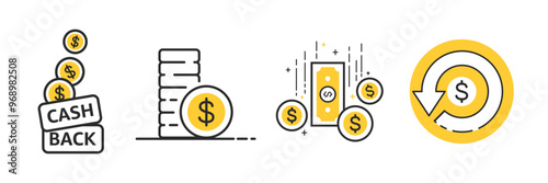 Cashback flat icon set. Thin line editable stroke vector illustration.