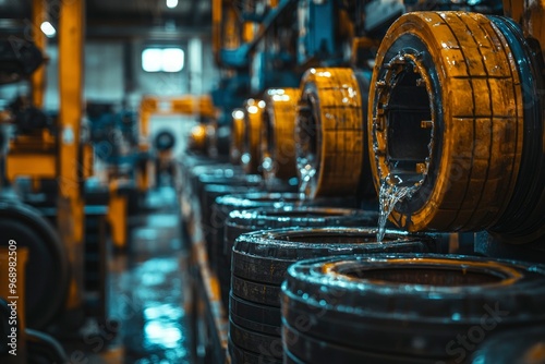 A Row of Black Tires Being Filled with Liquid in a Factory photo