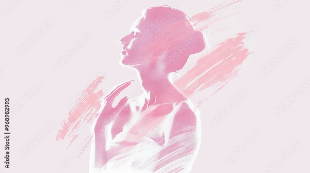 Serene woman touching her chest, symbolizing breast cancer awareness through soft brushstrokes