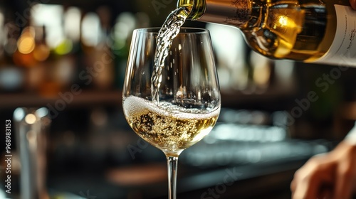 bartender pouring white wine into a glass, sunny atmosphere. glass with a wine, copyspace